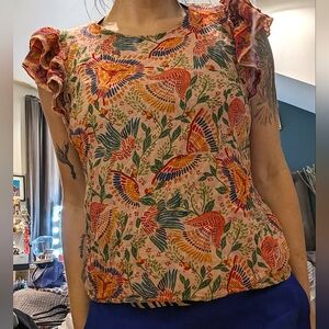 Cynthia Rowley Retro Hawaiian Flutter Sleeve Boatneck Floral Blouse Sz S